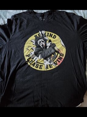 Black Graphic Tee with Yellow Circle Ghost Face/Scream Horror Print